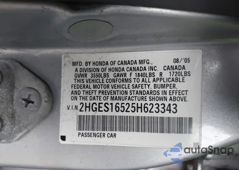 2005 Honda Civic Lx z USA, uszkodzony, nr VIN 2HGES16525H623343